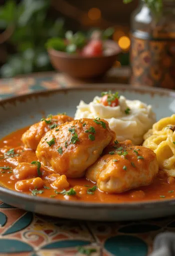 Poulet au paprika et à la crème avec morceaux de poulet juteux, servi dans une sauce onctueuse crème-paprika