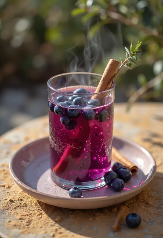 Cidre aux myrtilles servi dans un verre
