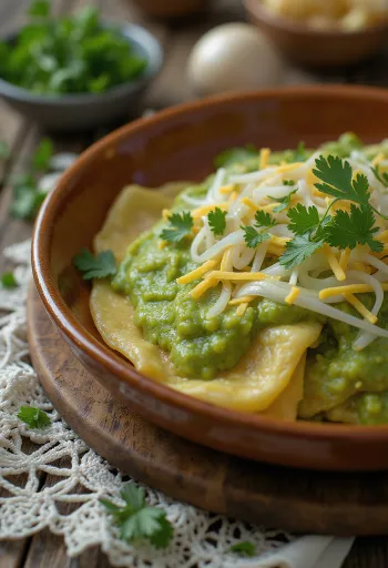 Chilaquiles verdes enrobés de sauce verte, servis avec crème fraîche et fromage râpé