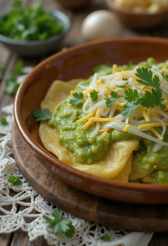 Chilaquiles verdes enrobés de sauce verte, servis avec crème fraîche et fromage râpé