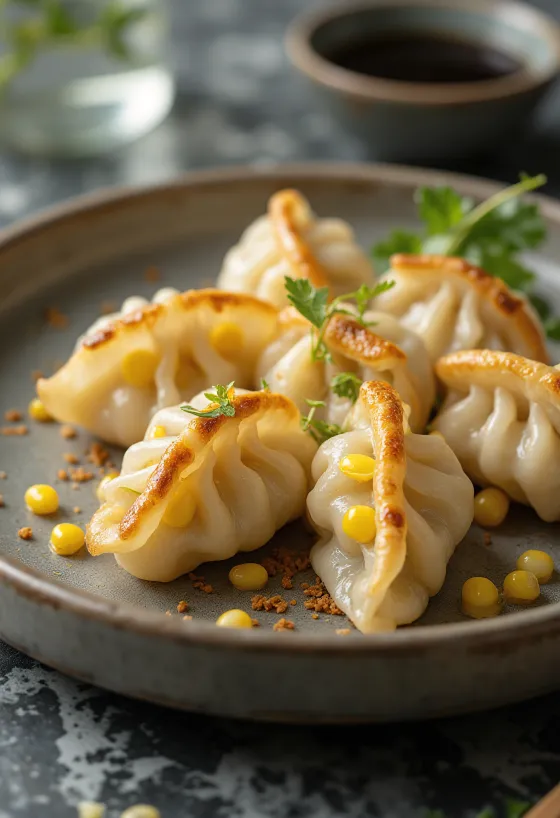 Gyoza au maïs, pièces au dessous doré servies avec coupelle de sauce soja