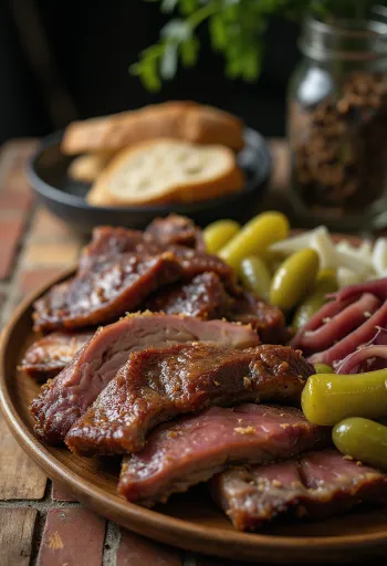 Travers de porc fumé servi avec pickles