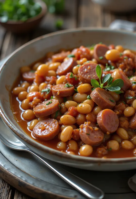Gigantes plaki à la viande fumée, servi avec persil et pain frais