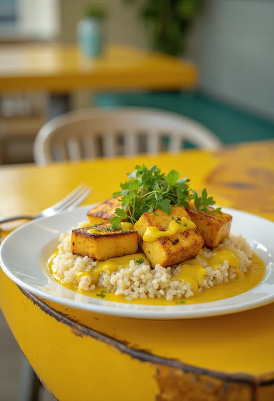Curry de quinoa et tofu grillé au tahini servi