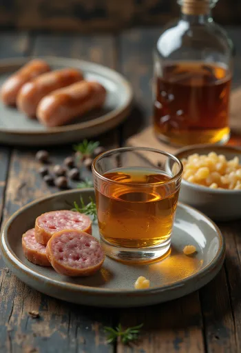 Liqueur de saucisson maison en bouteille, avec saucisson fumé et épices