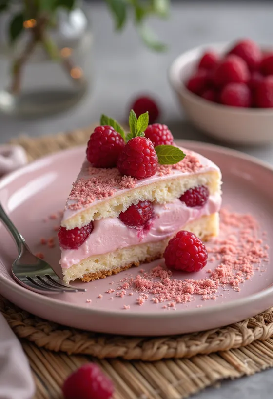 Gâteau au yaourt et aux framboises servi avec des framboises fraîches et du sucre glace