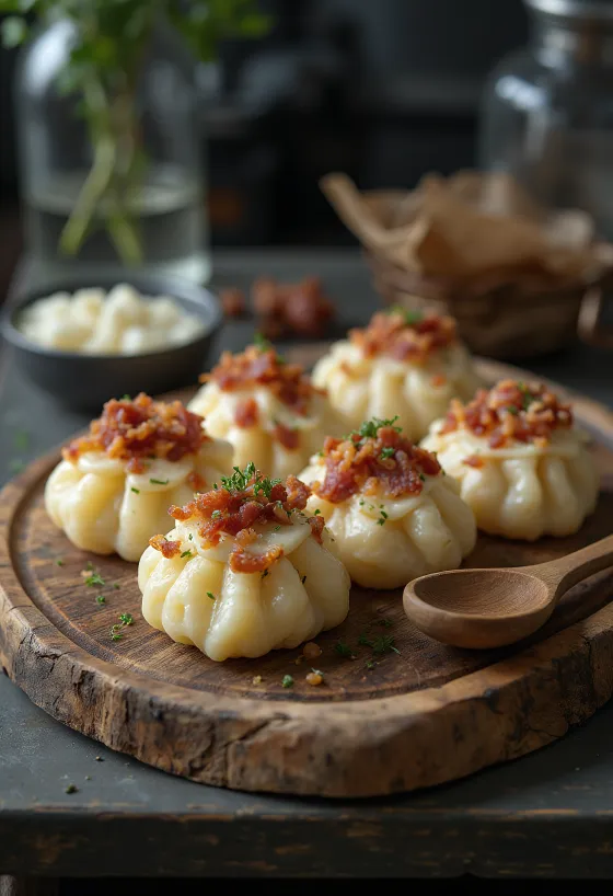 Sztrapacska au fromage de brebis servi avec de la crème et du lard grillé.