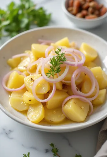 Salade de pommes de terre fraîche avec pommes de terre cuites, oignon rouge et persil frais.