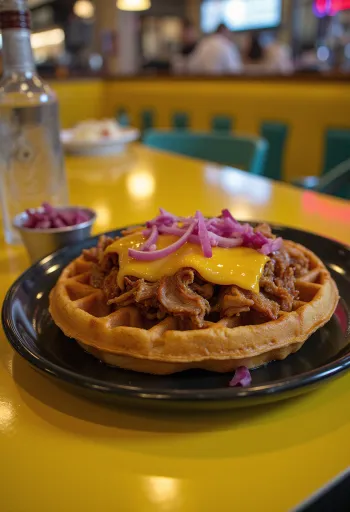 Gaufre au pulled pork avec sauce BBQ et oignon rouge