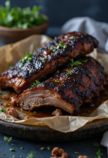 Travers de bison fumés servis sur un plateau rustique avec sauce barbecue.