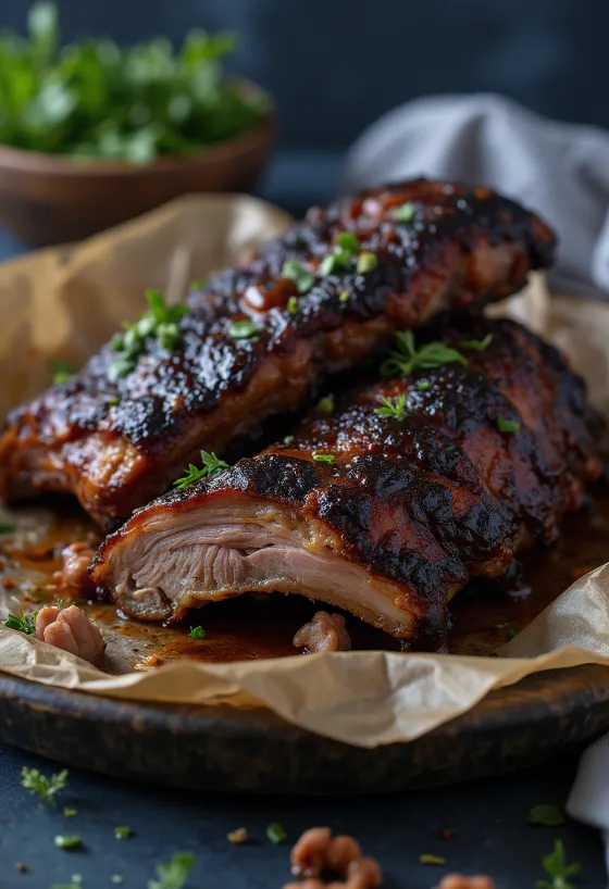 Travers de bison fumés servis sur un plateau rustique avec sauce barbecue.