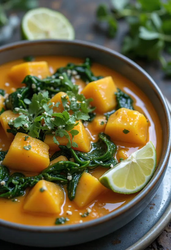 Curry de courge aux épinards servi