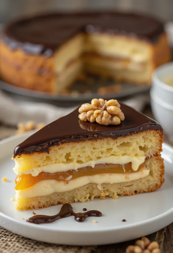 Tranches de gâteau Gerbeaud traditionnel aux noix et abricot