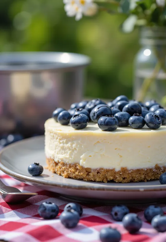 Cheesecake entier aux myrtilles avec base biscuitée