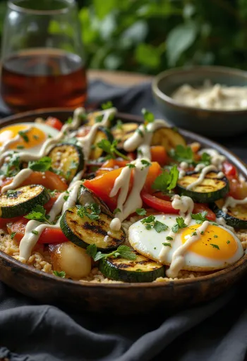 Légumes grillés avec sauce tahini, décorés de persil