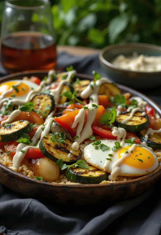 Légumes grillés avec sauce tahini, décorés de persil
