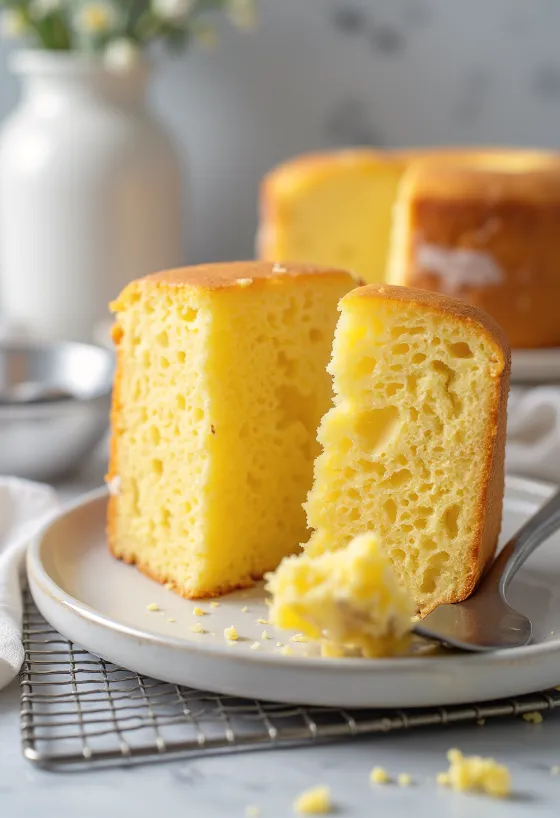 Génoise maison coupée en tranches, avec une croûte dorée