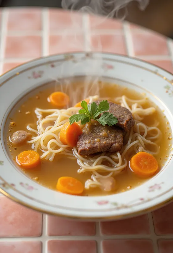 Bouillon de bœuf servi avec légumes frais et pâtes