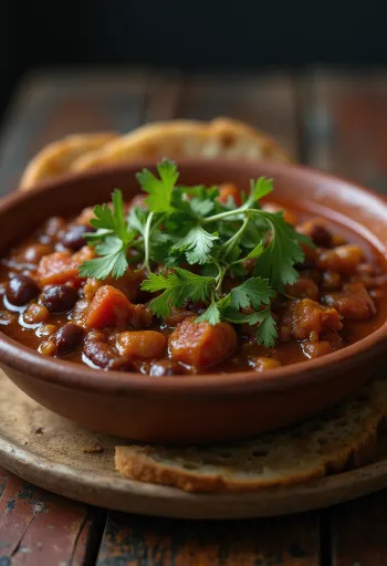 Lobio à l'ail, mélange de haricots noirs, ail et tomate servi avec de la coriandre fraîche