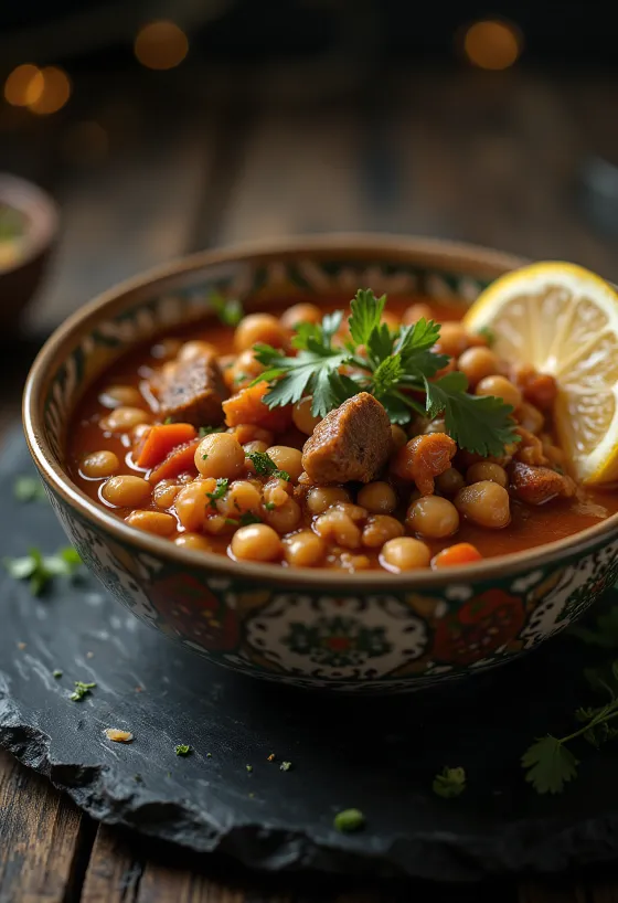 Harira marocaine à l'agneau servie dans un bol rustique