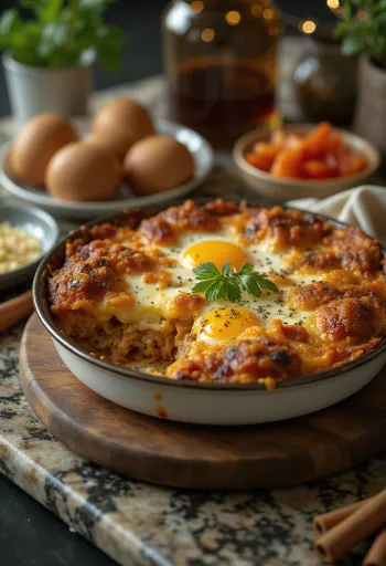 Moussaka épicée, couches de viande et de béchamel au fromage