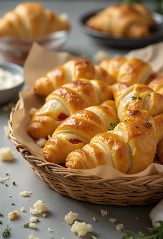 Croissant pizza fraîchement cuit avec fromage fondu et garniture tomate, sur plateau.