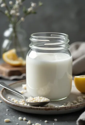 Kéfir de lait probiotique en bouteille, boisson blanche à texture crémeuse