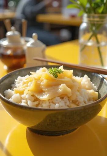 Takikomigohan au yuba servi avec sauce soja et légumes