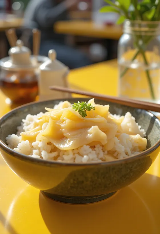 Takikomigohan au yuba servi avec sauce soja et légumes