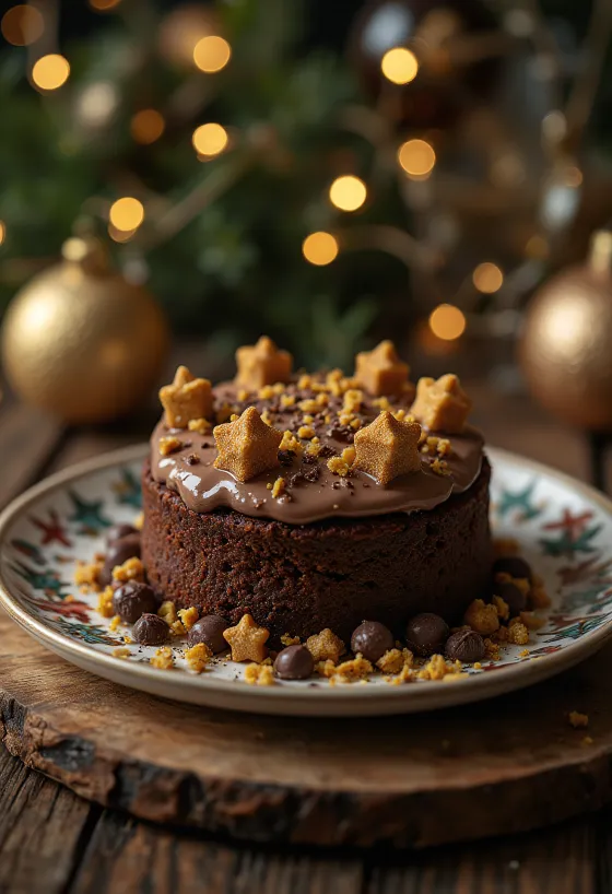 Gâteau au chocolat sombre richement décoré d'étoiles dorées