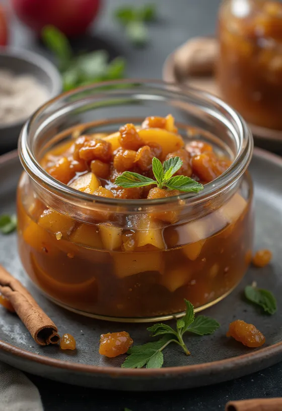 Chutney aux pommes et à la cannelle servi avec des fromages