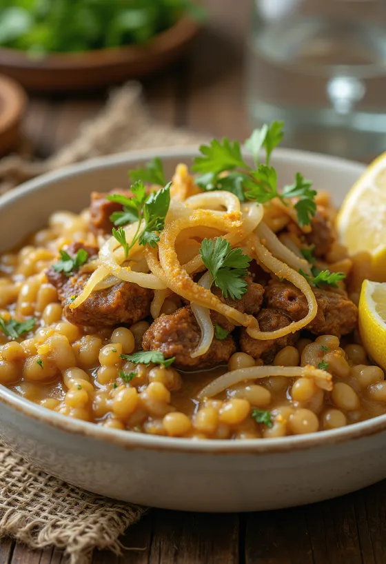 Haleem aux oignons frits, servi avec épices riches et coriandre fraîche