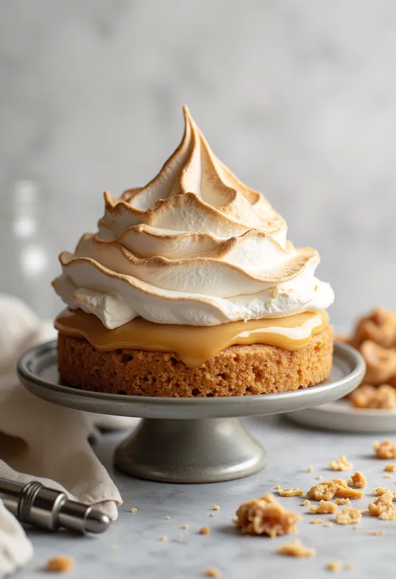 Gâteau au caramel et à la meringue caramélisée au chalumeau de cuisine