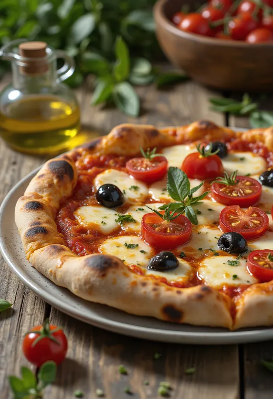 Pizza alla Barese avec tomates et olives noires