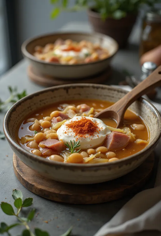 Soupe de haricots à la choucroute avec viande fumée et herbes fraîches