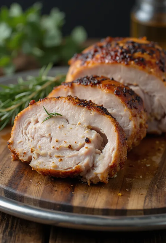 Poitrine de dindon sauvage fumée servie avec des légumes grillés.
