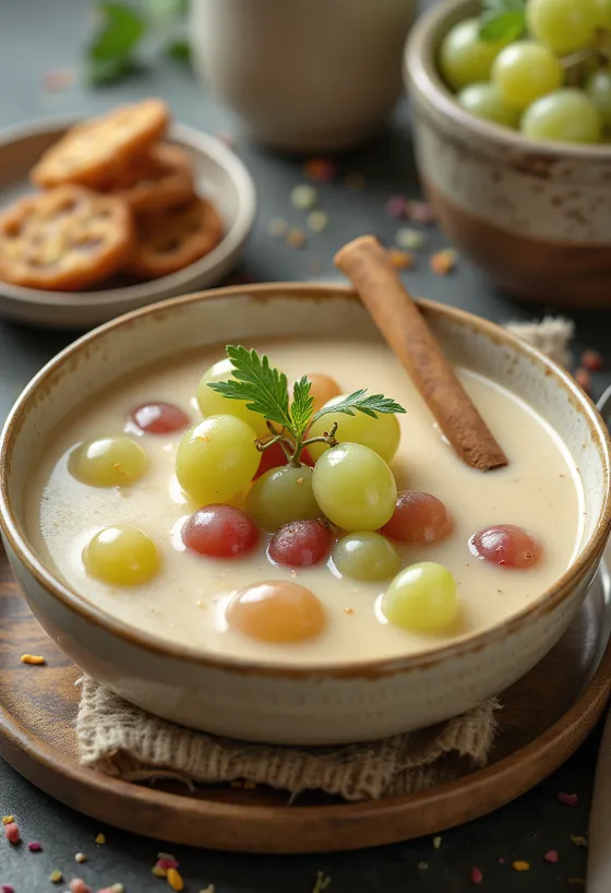 Soupe aux raisins rafraîchissante décorée de grains de raisin frais et de menthe