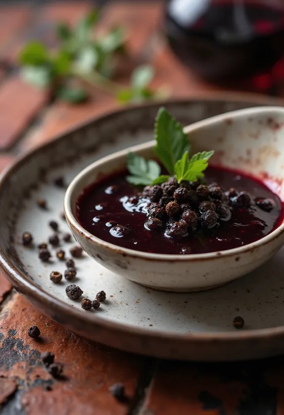 Sauce au vin rouge et poivre noir servie