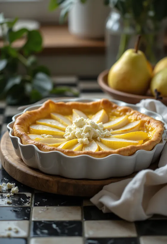 Quiche au gorgonzola et à la poire en tranches, présentation rustique