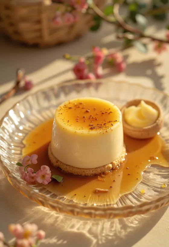 Gâteau Panna Cotta au caramel servi en tranches