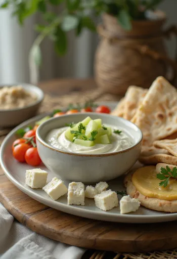 Plateau de mezze frais avec tzatziki, houmous, feta et légumes