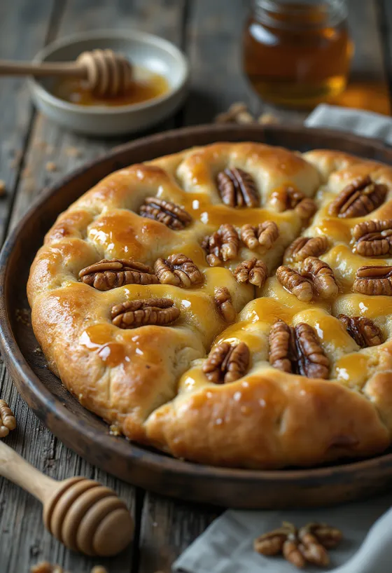 Focaccia au miel et aux noix servie sur un plat