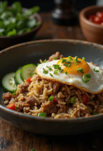 Nasi Goreng au bœuf et œuf au plat servi