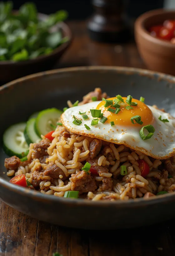 Nasi Goreng au bœuf et œuf au plat servi