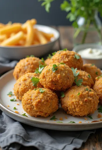 Têtes de champignons panées dorées en croûte croustillante, servies avec salade fraîche et sauce tartare.