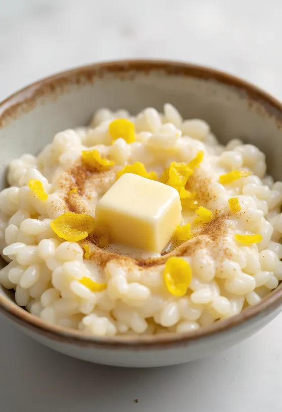 Riz au lait crémeux saupoudré de zeste de citron frais et de cannelle