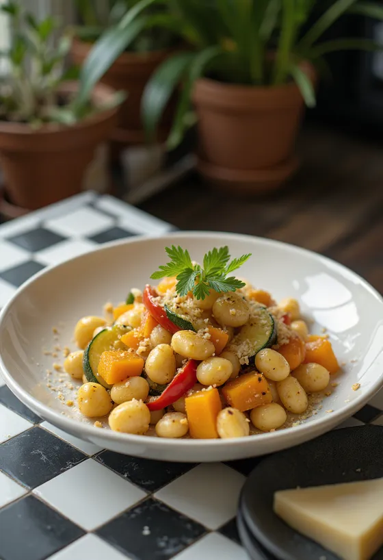 Gnocchis à la courge et petits légumes servis