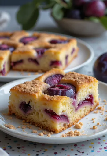 Gâteau aux prunes frais, pâte croustillante et tranches de prunes mûres