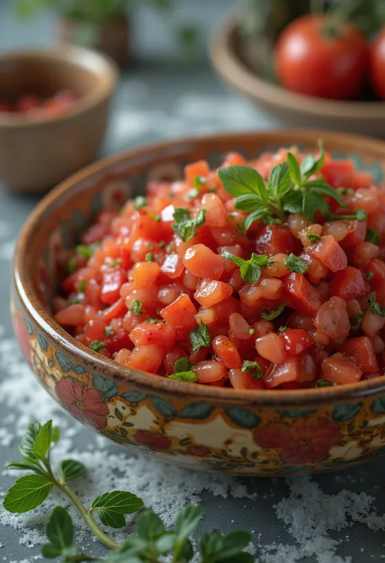 Ezme sauce tomate dressée avec du pain frais