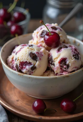Glace Cherry Garcia servie avec des cerises et des morceaux de chocolat